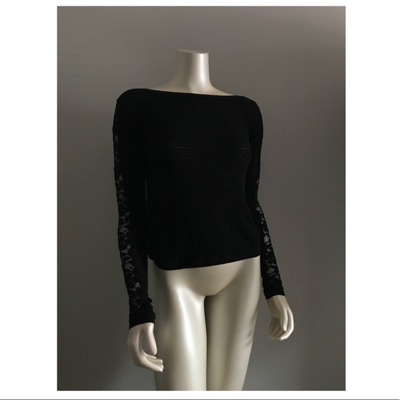 Free People Black Lace Sleeve Ribbed Sweater Top - Picture 2 of 7
